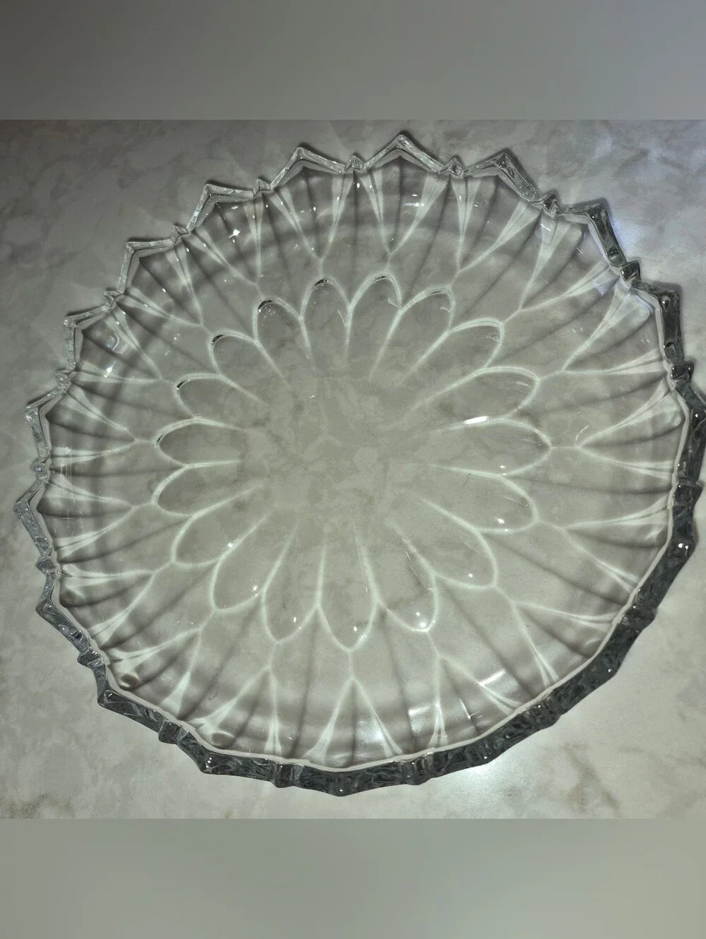 Vintage clear pressed-glass serving platter,  Radial Sunflower Scalloped Rim